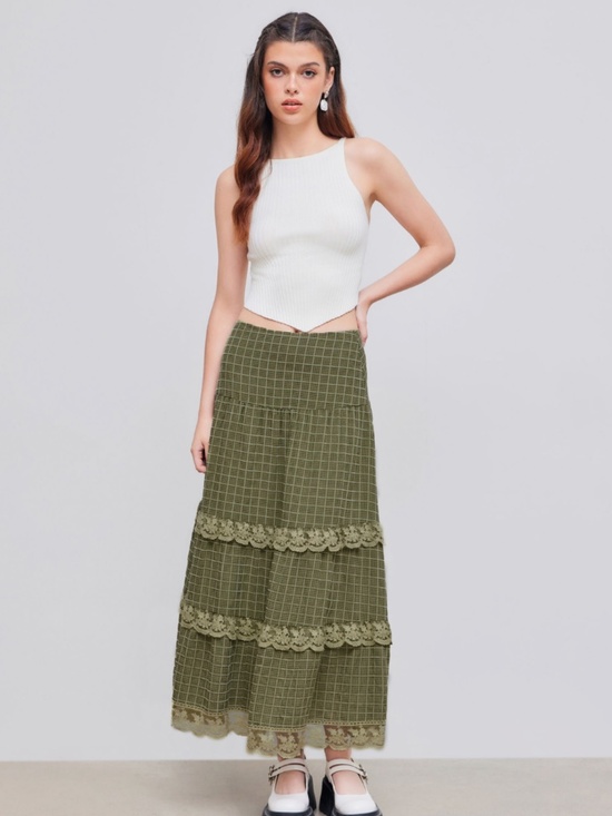 Cider Dresses & Skirts - Cider HIGH RISE CHECK LACE TIERED MAXI SKIRT Size Large